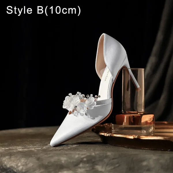 Charming White Pearl Appliques Wedding Shoes 2022 Leather 12 cm Stiletto Heels Pointed Toe Wedding Shoes High Heels