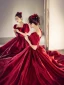 Elegant Burgundy Satin Prom Dresses 2022 A-Line / Princess Square Neckline Puffy Short Sleeve Backless Floor-Length / Long Formal Dresses