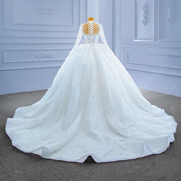 High End Weiß Handgefertigt Perlenstickerei Pailletten Brautkleider / Hochzeitskleider 2022 Ballkleid Stehkragen Lange Ärmel Königliche Schleppe