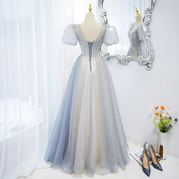 Chic / Beautiful Grey Beading Sequins Puffy Prom Dresses 2022 A-Line / Princess V-Neck Short Sleeve Backless Floor-Length / Long Formal Dresses