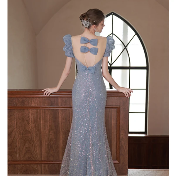 Charmant Bleu Ciel Paillettes Robe De Soirée 2022 Trompette / Sirène Encolure Carrée Noeud Gonflée Manches Courtes Dos Nu Longue Soirée Robe De Ceremonie