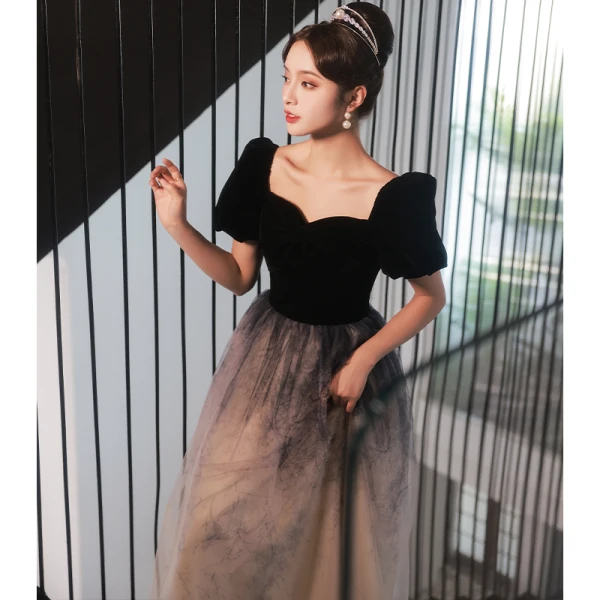 Elegant Black Prom Dresses 2022 A-Line / Princess Square Neckline Short Sleeve Backless Floor-Length / Long Prom Formal Dresses