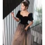 Elegant Black Prom Dresses 2022 A-Line / Princess Square Neckline Short Sleeve Backless Floor-Length / Long Prom Formal Dresses