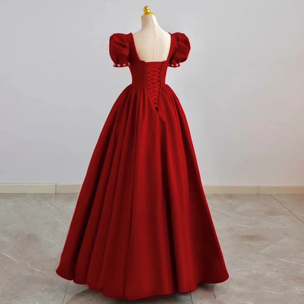 Elegant Burgundy Satin Prom Dresses 2022 A-Line / Princess Square Neckline Puffy Short Sleeve Backless Pearl Rhinestone Floor-Length / Long Prom Formal Dresses