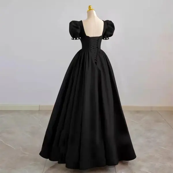Elegant Black Satin Prom Dresses 2022 A-Line / Princess Square Neckline Puffy Short Sleeve Pearl Rhinestone Backless Floor-Length / Long Formal Dresses