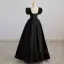 Elegant Black Satin Prom Dresses 2022 A-Line / Princess Square Neckline Puffy Short Sleeve Pearl Rhinestone Backless Floor-Length / Long Formal Dresses