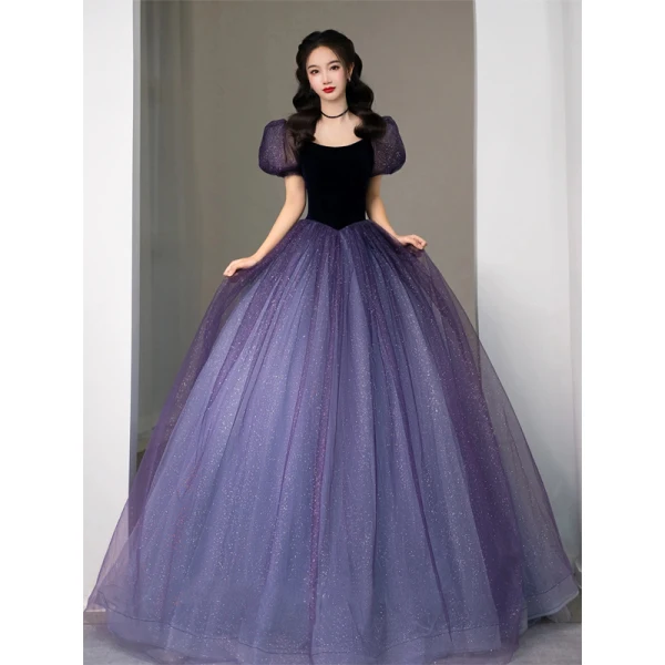 Vintage / Retro Navy Blue Sequins Prom Dresses 2022 Ball Gown Square Neckline Puffy Short Sleeve Floor-Length / Long Formal Dresses