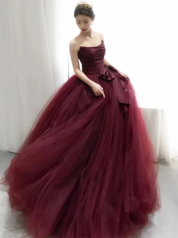 Charming Burgundy Evening Dresses 2022 A-Line / Princess Strapless Bow Sleeveless Backless Floor-Length / Long Evening Party Formal Dresses