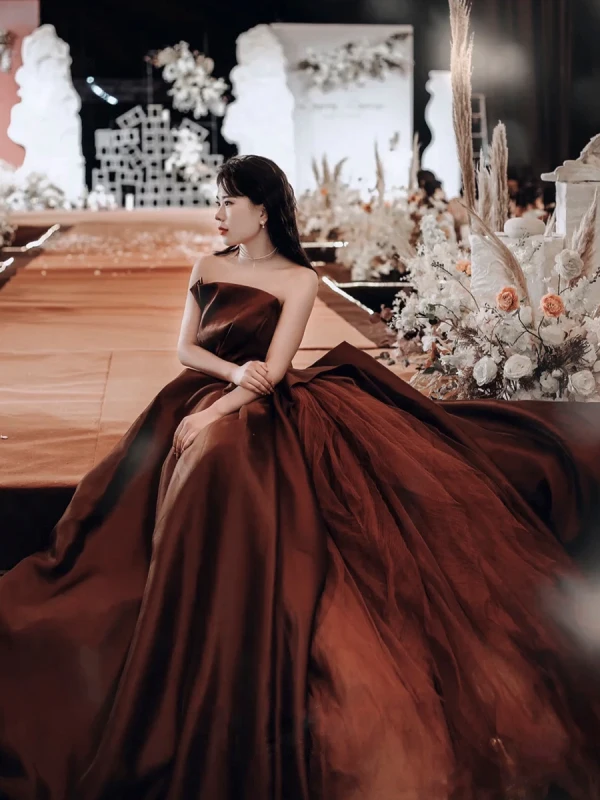 Charming Brown Evening Dresses 2022 A-Line / Princess Strapless Sleeveless Backless Floor-Length / Long Evening Party Formal Dresses