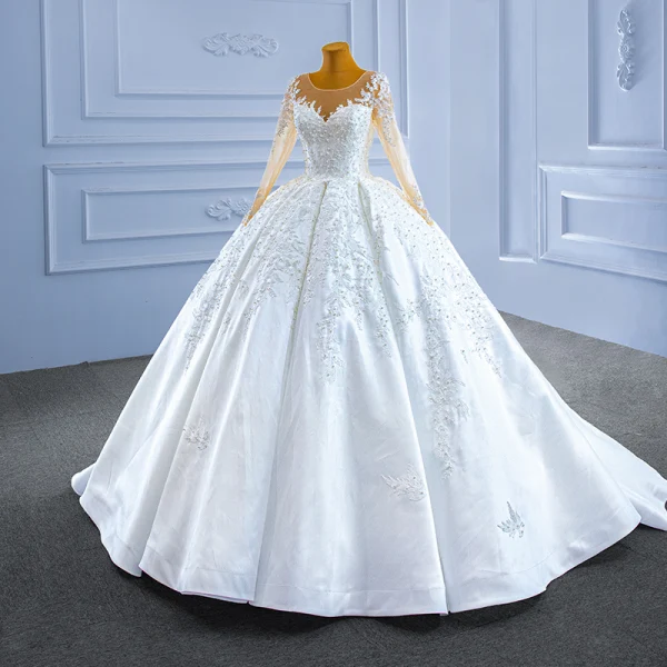 High-end White Beading Pearl Lace Flower Wedding Dresses 2022 Ball Gown Scoop Neck Long Sleeve Court Train Wedding