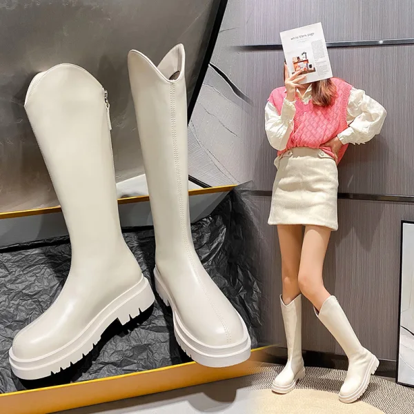 Mode Beige Vêtement de rue Hiver Bottes Femme 2022 Imperméables À Bout Rond Plate Bottes