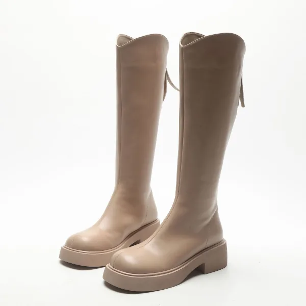 Vintage / Retro Brown Winter Street Wear Womens Boots 2022 Leather Round Toe Waterproof Flat Boots