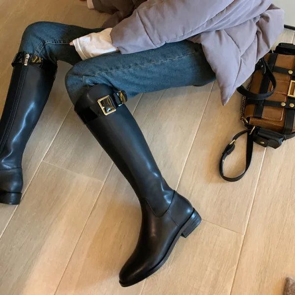 Moda Czarne Zużycie ulicy Zima Kozaki Damskie 2022 Skórzany Okrągłe Toe Płaskie Boots