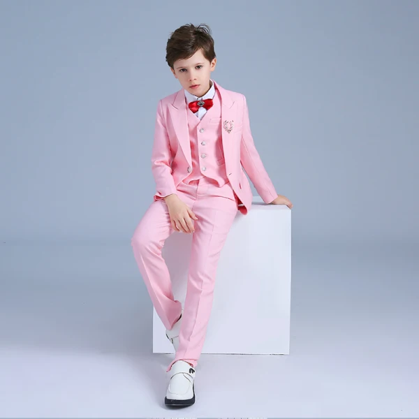 Candy Pink Long Sleeve Wedding Boys Wedding Suits 2022 Coat Pants Shirt Tie Vest