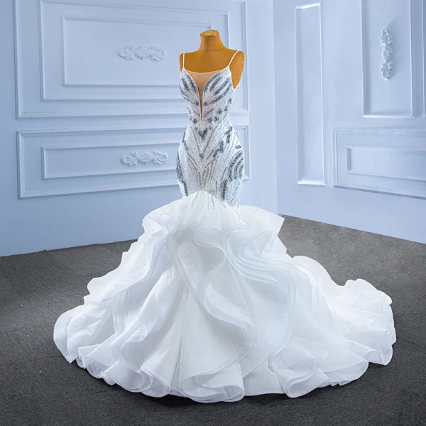 Luxury / Gorgeous High-end White Cascading Ruffles Beading Pearl Rhinestone Sequins Wedding Dresses 2022 Trumpet / Mermaid Spaghetti Straps Sleeveless Backless Court Train
