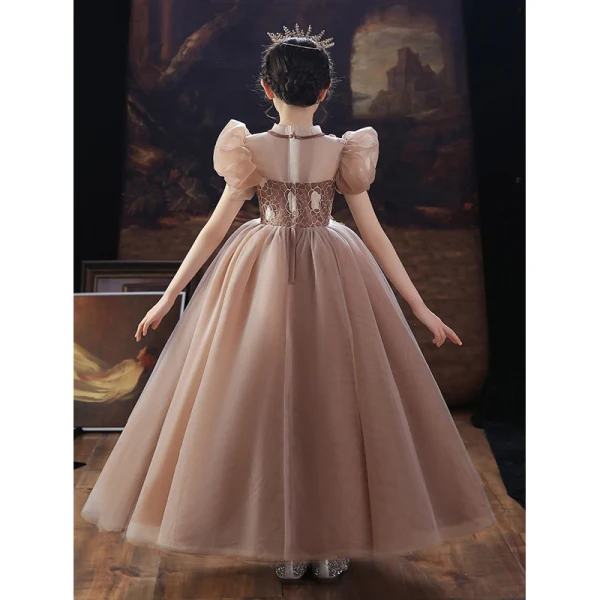 Chic / Beautiful Khaki Beading Pearl Lace Flower Flower Girl Dresses 2022 Ball Gown Birthday Scoop Neck Puffy Short Sleeve Floor-Length / Long Flower Girl Dresses