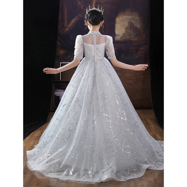 Fashion Silver Beading Sequins Lace Flower Birthday Flower Girl Dresses 2022 A-Line / Princess High Neck Short Sleeve Floor-Length / Long Flower Girl Dresses