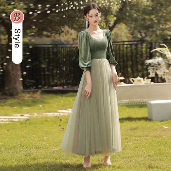 Modest / Simple Olive Green Velour Bridesmaid Dresses 2022 Bridesmaid A-Line / Princess Square Neckline 3/4 Sleeve Backless Floor-Length / Long Wedding Party Dresses