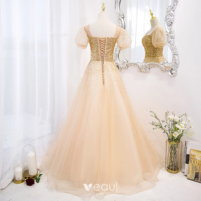slim fit dress slacks Gold Sweetheart Beaded Sparkles Court Train Flowers Prom Dresses main image 0