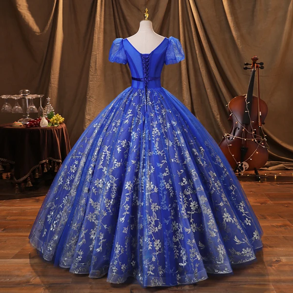 Vintage / Retro Royal Blue Beading Glitter Sequins Prom Dresses 2022 Ball Gown Square Neckline Puffy Short Sleeve Backless Floor-Length / Long Formal Dresses