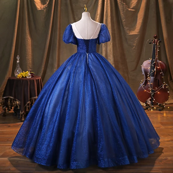 Vintage / Retro Royal Blue Glitter Prom Dresses 2022 Ball Gown Scoop Neck Beading Lace Flower Puffy Short Sleeve Backless Floor-Length / Long Formal Dresses