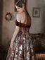 Vintage / Retro Burgundy Embroidered Velour Prom Dresses 2022 A-Line / Princess Off-The-Shoulder Short Sleeve Backless Floor-Length / Long Formal Dresses
