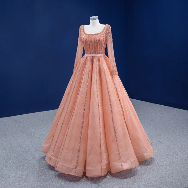 High End Pink Ballkleider 2022 A Linie Eckiger Ausschnitt Perlenstickerei Strass Pailletten Lange Ärmel Rückenfreies Lange Festliche Kleider