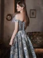 Charming Sky Blue Printing Prom Dresses 2022 A-Line / Princess Tassel Off-The-Shoulder Rhinestone Sequins Short Sleeve Backless Floor-Length / Long Formal Dresses