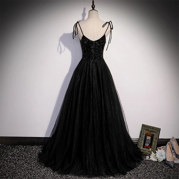 Chic / Beautiful Black Prom Dresses 2022 A-Line / Princess Spaghetti Straps Beading Sleeveless Backless Floor-Length / Long Formal Dresses
