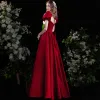 Modest / Simple Burgundy Satin Prom Dresses 2022 A-Line / Princess Square Neckline Puffy Short Sleeve Backless Floor-Length / Long Formal Dresses
