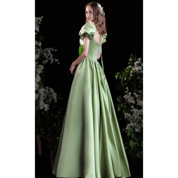 Elegant Sage Green Solid Color Satin Prom Dresses 2022 A-Line / Princess Square Neckline Puffy Short Sleeve Backless Floor-Length / Long Formal Dresses
