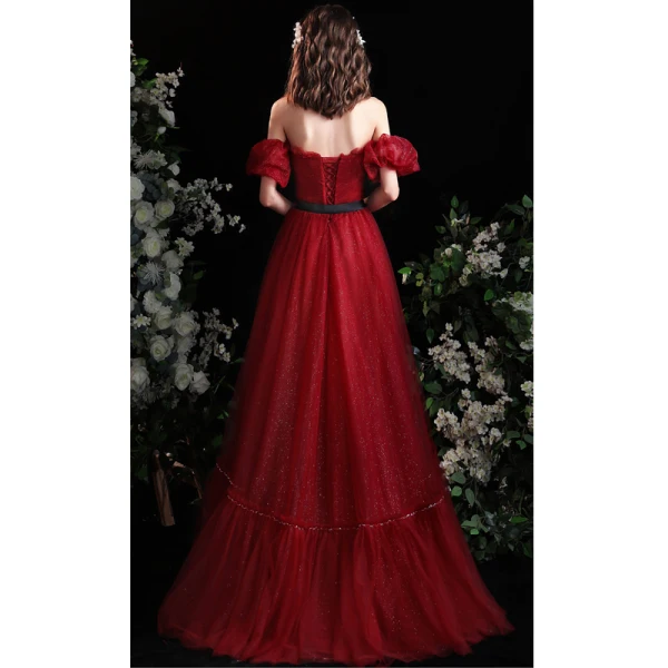 Chic / Beautiful Burgundy Prom Dresses 2022 A-Line / Princess Off-The-Shoulder Sash Bow Short Sleeve Backless Floor-Length / Long Formal Dresses