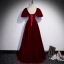 Elegant Burgundy Velour Prom Dresses 2022 A-Line / Princess Suede V-Neck Short Sleeve Backless Floor-Length / Long Formal Dresses