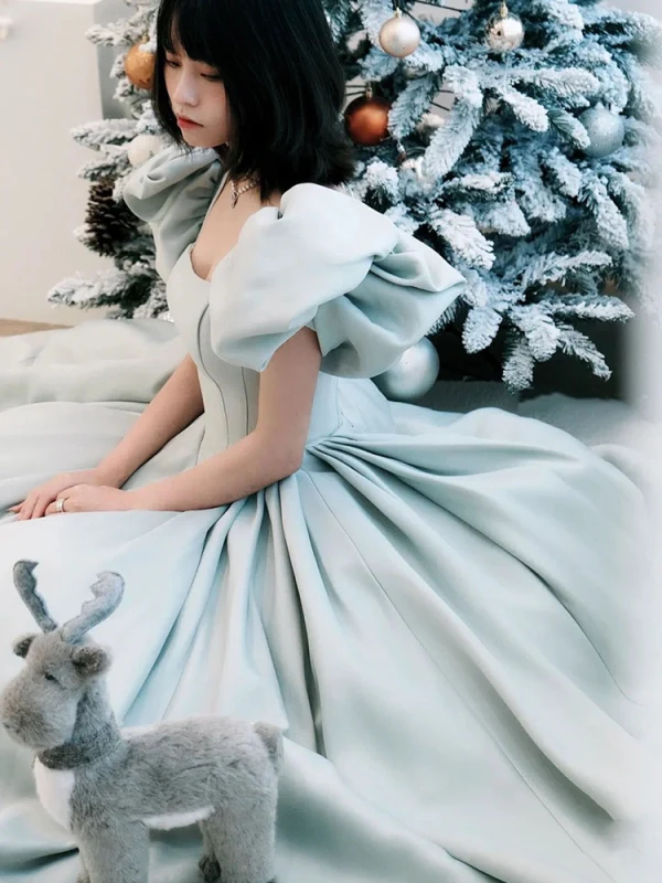 Chic / Beautiful Mint Green Prom Dresses 2022 A-Line / Princess Square Neckline Puffy Short Sleeve Backless Floor-Length / Long Formal Dresses