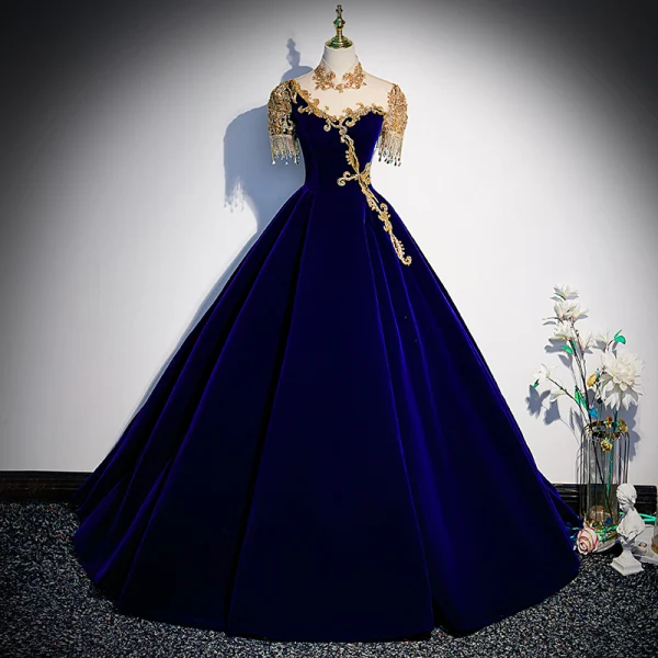 Chinese style Dark Green Suede Prom Dresses 2022 High Neck Beading Sequins Short Sleeve Rhinestone Tassel Floor-Length / Long Formal Dresses