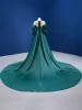 Vintage / Retro High Low Dark Green Beading Sequins Satin Prom Dresses 2022 Trumpet / Mermaid Scoop Neck Puffy 3/4 Sleeve Floor-Length / Long Formal Dresses