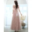 Chic / Beautiful Blushing Pink Prom Dresses 2022 A-Line / Princess V-Neck Pearl Beading Lace Flower Short Sleeve Backless Floor-Length / Long Formal Dresses
