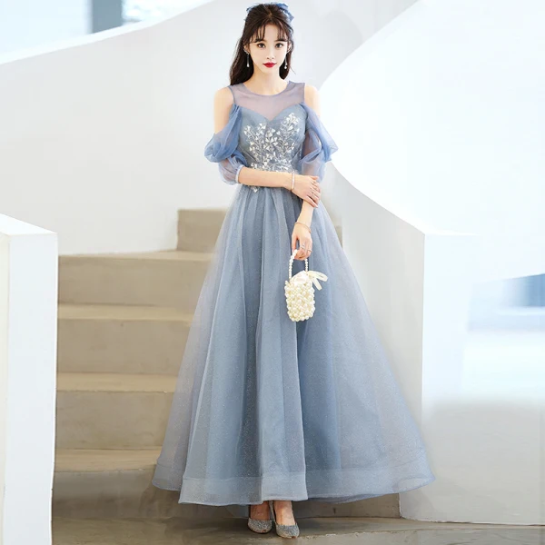 Charmant Bleu Ciel Perlage Glitter Paillettes Robe De Bal 2022 Princesse Encolure Dégagée Manches Courtes Dos Nu Longue Robe De Ceremonie