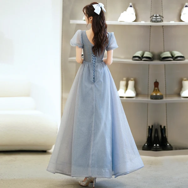 Charmant Bleu Ciel Glitter Robe De Bal 2022 Princesse Encolure Dégagée Perlage Paillettes Manches Courtes Dos Nu Longue Robe De Ceremonie