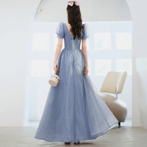 Chic / Beautiful Sky Blue Glitter Prom Dresses 2022 A-Line / Princess V-Neck Beading Sequins Short Sleeve Backless Floor-Length / Long Formal Dresses