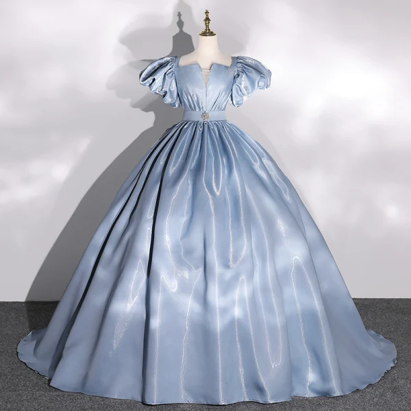 Classy Sage Green Satin Prom Dresses 2022 Ball Gown Square Neckline Puffy Short Sleeve Backless Bow Floor-Length / Long Formal Dresses