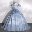 Classy Sage Green Satin Prom Dresses 2022 Ball Gown Square Neckline Puffy Short Sleeve Backless Bow Floor-Length / Long Formal Dresses