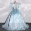 Élégant Bleu Ciel Satin Robe De Bal 2022 Robe Boule Gonflée Encolure Carrée Faux Diamant Ceinture Manches Courtes Dos Nu Longue Robe De Ceremonie