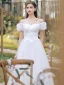 Chic / Beautiful White Lace Flower Wedding Dresses 2022 A-Line / Princess Square Neckline Short Sleeve Backless Floor-Length / Long Wedding