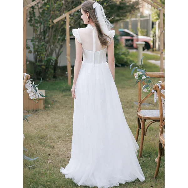 Chic / Beautiful White Lace Flower Wedding Dresses 2022 A-Line / Princess Scoop Neck Sleeveless Floor-Length / Long Wedding