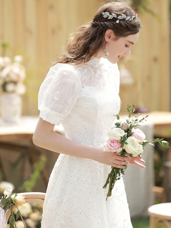 Elegant White Sequins Lace Flower Beach Wedding Dresses 2022 A-Line / Princess High Neck Short Sleeve Backless Floor-Length / Long Wedding