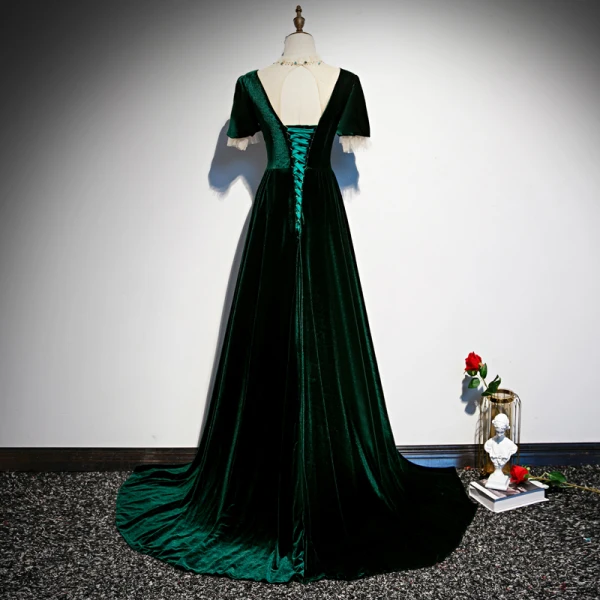 Elegant Velour Dark Green Prom Dresses 2022 A-Line / Princess Scoop Neck Short Sleeve Backless Sweep Train Formal Dresses