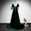 Elegant Velour Dark Green Prom Dresses 2022 A-Line / Princess Scoop Neck Short Sleeve Backless Sweep Train Formal Dresses