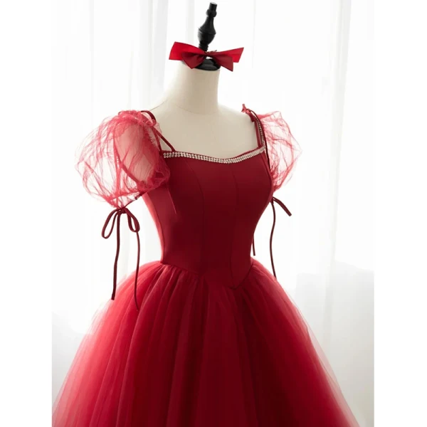Chic / Beautiful Burgundy Prom Dresses 2022 A-Line / Princess Square Neckline Rhinestone Puffy Short Sleeve Backless Floor-Length / Long Formal Dresses