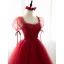Chic / Beautiful Burgundy Prom Dresses 2022 A-Line / Princess Square Neckline Rhinestone Puffy Short Sleeve Backless Floor-Length / Long Formal Dresses